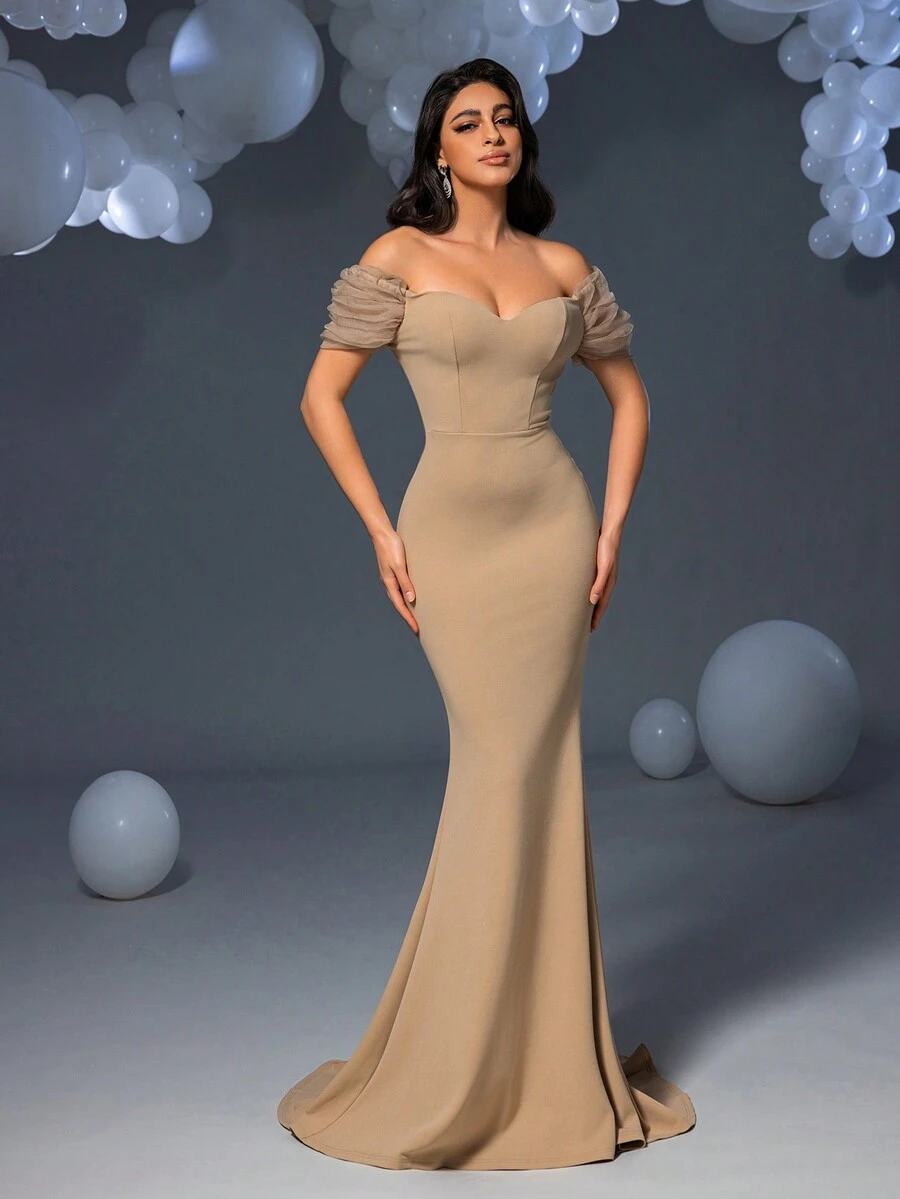 Faeriesty 优雅露肩长款晚礼服，美人鱼廓形，修身舒适，适合红毯、盛大晚宴、婚礼、奢华派对（如婚宴、化装舞会、秘密花园派对、正式晚宴、黑领结活动、毕业舞会和生日派对）等场合，尤其适合春夏穿着。