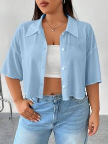 Comfortcana Plus Size Women's Casual Solid Color Short Shirt For Summer - Blue - View 7