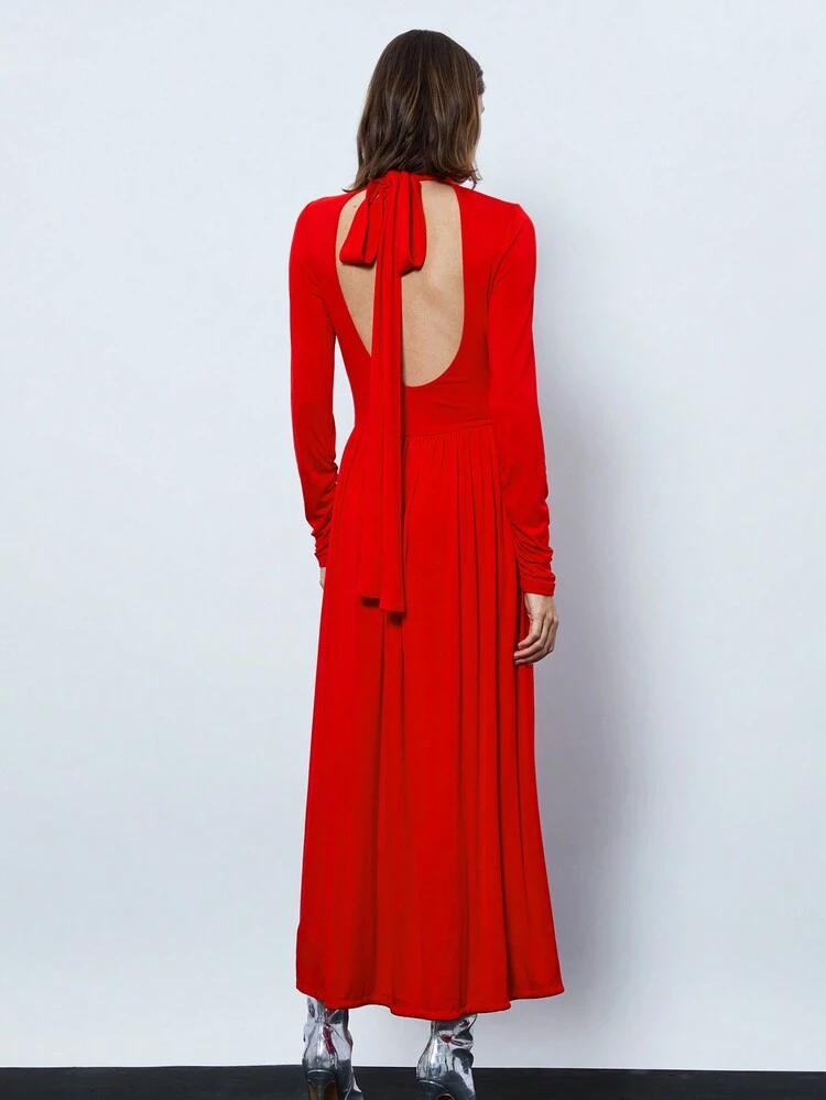 SHEIN Maija 스탠드 칼라, 긴 소매, 사이드 슬릿 밑단이 있는 여성용 솔리드 컬러 드레스, 봄 여름 우아한 니트 드레스