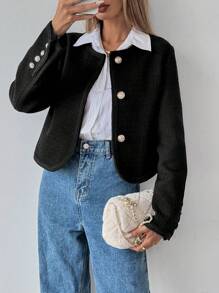 SHEIN Clasi Tweed Patchwork Woolen Coat For Women - Black - View 5