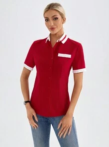 TaskEZ Uniforme de trabajo con botones delanteros de manga corta y bloques de color para mujeres