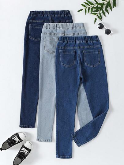 SHEIN Vintaside Kids 2-Pack Girls Y2K Style Slim Fit Stretchy Washed Denim Jeans, Comfortable Fabric, Versatile Daily Casual Wear Summer Holiday
