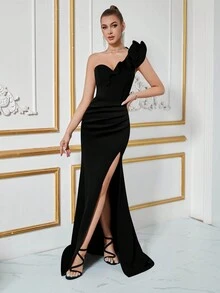 ADYCE Vestido elegante de noche, fiesta, graduación, cena, color negro formal para bodas y eventos, con un hombro, fruncido, pliegues delanteros y abertura lateral - Negro - Ver 5