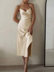 Solid Ruched Split Thigh Cami Dress - Champagne - View 1