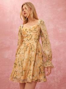 Enchnt Women's Floral Print Sweetheart Neck Long Sleeve Multi-Layered Lotus Leaves Dress,Beige Autumn Cottage Core Tea Party Fall Winter Clothing Dresses - Yellow - View 9
