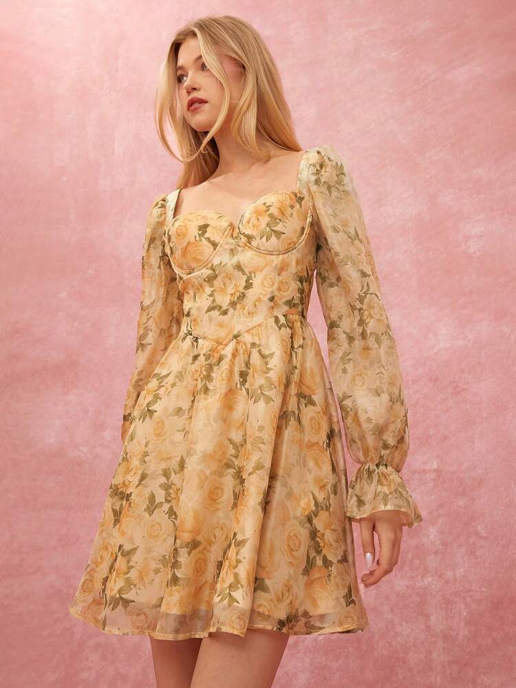 Fall Winter Women's Floral Print Sweetheart Neck Long Sleeve Multi-Layered Lotus Leaves Dress,Winter  Dresses,Fall Women Clothes,Fall Winter  Women's Clothing