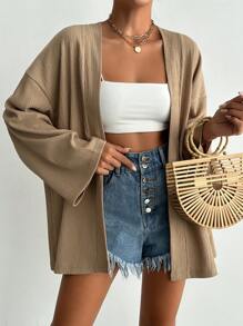 SHEIN Cottnline 女士宽松纯色长袖编织休闲和服罩衫，适合夏季海滩度假 - 米色 - 查看 5