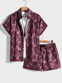 Forever 21 Chemise à manches courtes pour homme et short en imprimé de palais européen en ensemble deux pièces - Rouge foncé - Voir 5