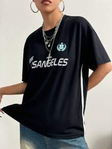 StreetHx Casual Style Printed Side Seam Contrasting Striped Loose Short Sleeve Crew Neck T-Shirt - Black - View 4