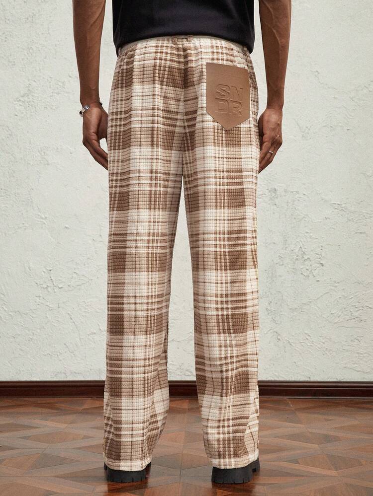 Men's Brown Plaid Pattern Relaxed Fit Casual Long Pants, Suitable For Daily Wear, Made Of Corduroy Material