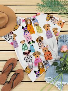 INAWLY Camiseta gráfica casual de mujer de manga corta, cuello redondo, con estampado de perro de dibujos animados - Blanco - Ver 2