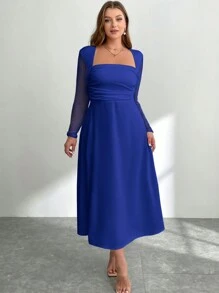 SHEIN Privé 大码女式蓝色 A 字形露背长袖修身连衣裙，褶皱侧开衩连衣裙，秋季/返校季