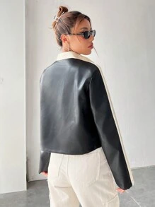 Muchica 春秋拼色拉链短外套 - 黑色 - 查看 2