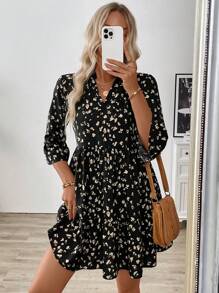 SHEIN LUNE Women Random Print Short Sleeve Dress - Black - View 3