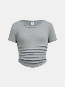 SHEIN Tween-Mädchen Lässig einfarbiges Strick Rundhals Kurzarm T-Shirt