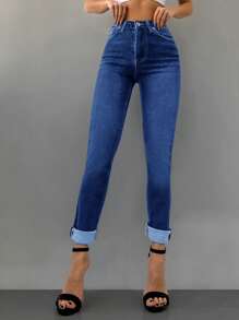 RueChic Solid Zipper Fly Skinny Jeans - Dark Wash - View 5