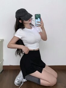 DAZY Women Summer Casual Side Slit Patchwork Mini Black Skirt