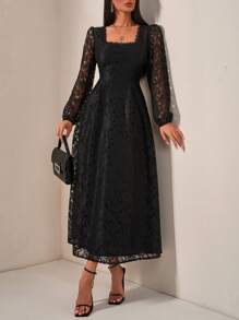 EURMUSE Romantic Style, Black Lace Pencil Skirt Maxi Dress - Black - View 4