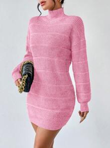 Chiquease Solid Color Turtleneck Textured Long Sleeve Sweater Dress Fall Winter Cloth For Women - Pink - View 3