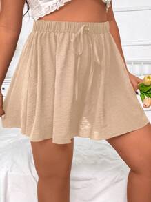 Flirla 大码女式纯色腰带宽松休闲短裤 - 杏色 - 查看 4