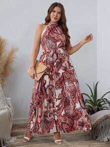 SHEIN LUNE 大码佩斯利印花系带吊带连衣裙优雅女士连衣裙秋装 - 紅色 - 查看 3