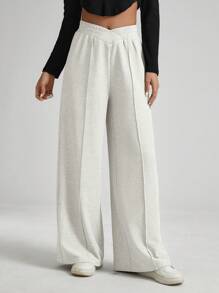 SHEIN Essnce Plush Plush Warm Black V-Waist Elastic Pants Plush Pants For Women Solid Color Asymmetric Waist Toothpick Striped Wide-Leg Loose Pants