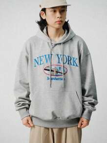 DAZY 男士秋季刺绣长袖连帽衫 - 灰色 - 查看 1