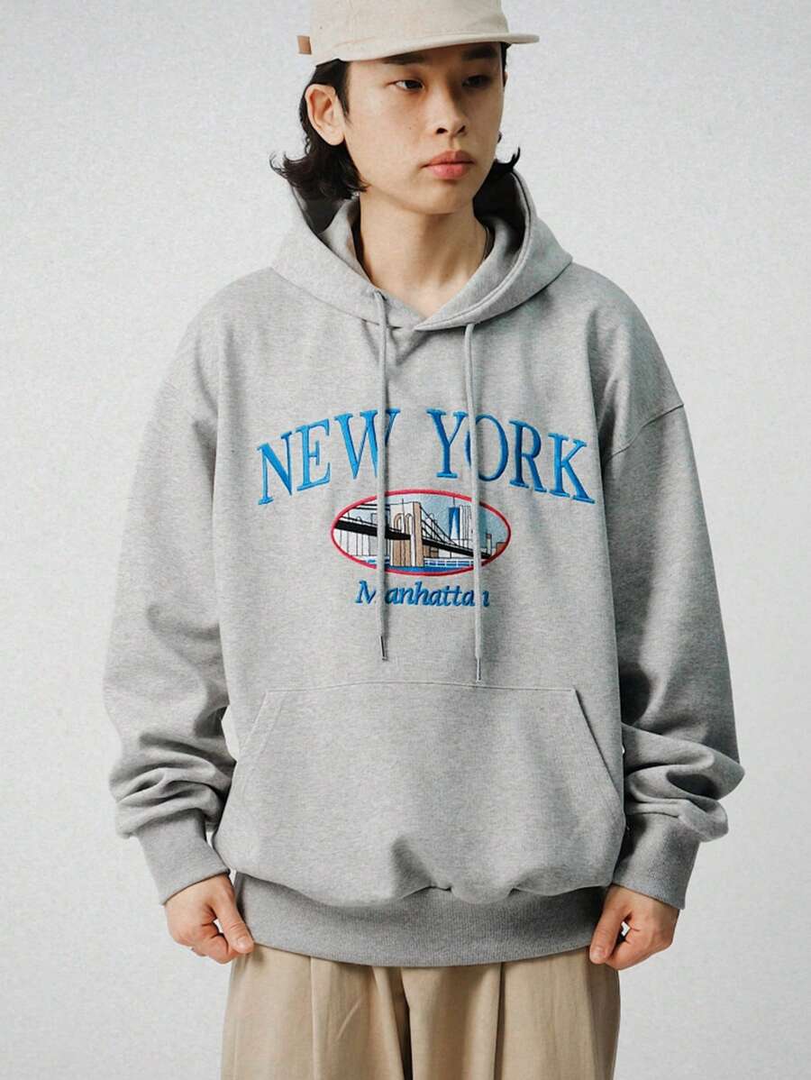 DAZY 男士秋季刺绣长袖连帽衫 - 灰色 - 查看 1