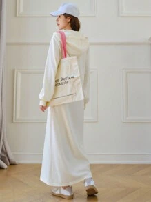 EastFlair Váy nỉ dài tay có mũ trùm đầu rút dây kéo thời trang thu đông cho nữ - Màu be - Xem 2