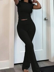 INAWLY 2pcs Plus Size Solid Color Crew Neck Ruched Short Sleeve Top And Pants Casual Set - Black - View 1