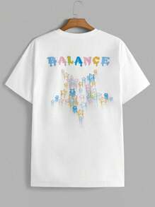 Manfinity Homme 男士休闲字母印花短袖圆领 T 恤，夏季 - 黑色 - 查看 1