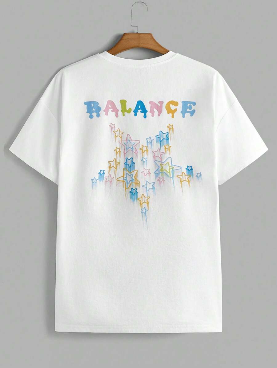 Manfinity Homme 男士休闲字母印花短袖圆领 T 恤，夏季 - 黑色 - 查看 1