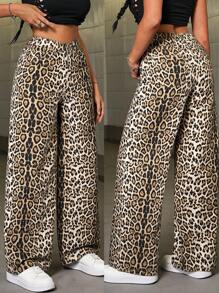 SHEIN PETITE 女士牛仔裤休闲宽松豹纹阔腿裤棉质、豹纹牛仔裤、宽松女士牛仔裤、可爱牛仔裤、豹纹裤、万圣节服装 - 彩色 - 查看 1