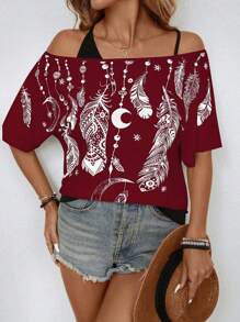 SHEIN LUNE 羽毛印花不對稱領口拼接2合1夏季假期T恤