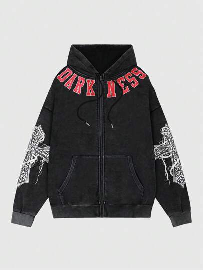 Street Life Men's Casual Letter Print Zip Up Hooded Sweatshirt