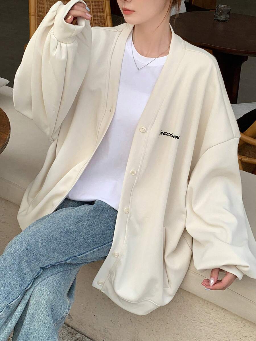 DAZY 女式秋冬字母印花落肩休闲卫衣夹克 - 杏色 - 查看 1