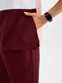 TaskEZ 撞色 V 领短袖口袋衬衫和裤子制服套装