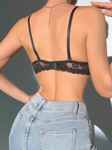 Black Contrast Lace Push Up Bra For Women With Slight Stretch Fabric - Black - View 2