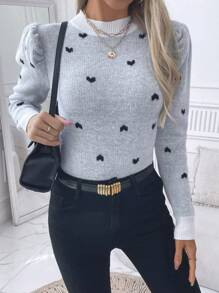 SHEIN Clasi Suéter de cuello redondo de manga larga con estampado de corazones