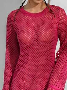 SHEIN Unity Women's Solid Color Round Neck Sheer Long Sleeve Casual Elegant Dress - Hot Pink - View 6