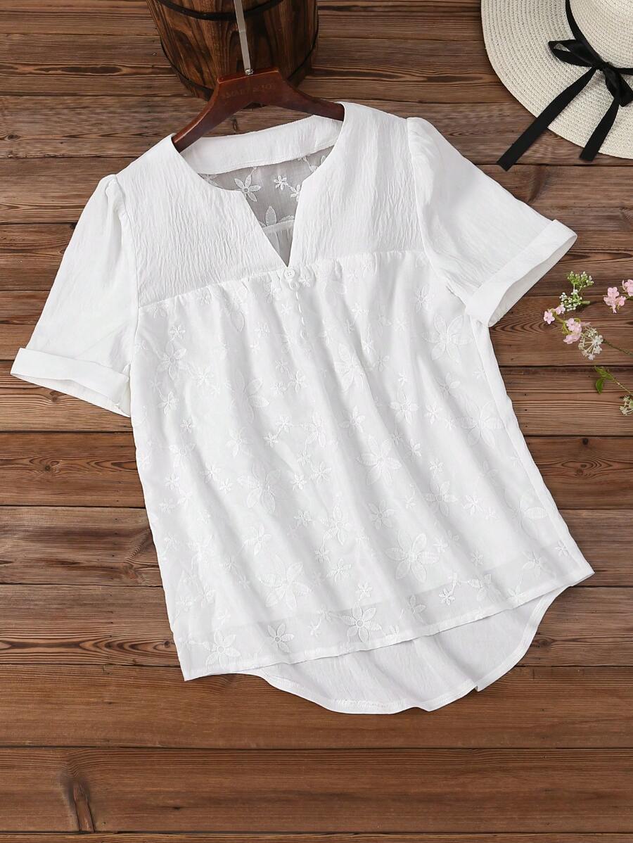 SHEIN LUNE Women's Casual Patchwork Embroidered Blouse - White - View 1