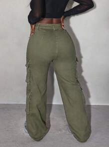 Slaydiva Petos vaqueros con bolsillo para mujer, pantalones cargo de mujer color verde militar, pantalones vaqueros holgados, pantalones holgados de mujer, pantalones de otoño para mujer - Verde militar - Ver 2
