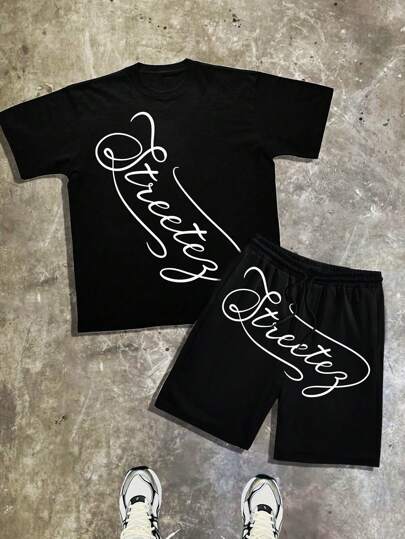 Manfinity VCAY Men's Letter Print Round Neck Short Sleeve T-Shirt And Drawstring Pocket Shorts Casual Suit