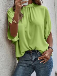 SHEIN Clasi 夏季休闲纯色中袖衬衫 - 青檸色 - 查看 3