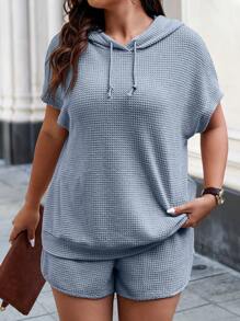 SHEIN LUNE 2 件大码女式夏季纯色蝙蝠袖短袖连帽抽绳 T 恤和短裤套装 - 淺藍色 - 查看 3