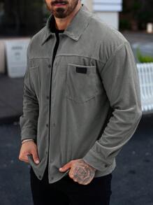 Manfinity Homme 男士贴花双口袋灯芯绒外套 - 深灰色 - 查看 3