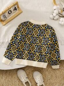 Toddler Girls' Vintage Retro Flower & Geometric Print Color Block Pullover Sweater. The Geometric Print Color Block Design Blends Traditional And Fashionable Elements, Showcasing A Distinctive Style. The Pullover Design Is Warm And Suitable For Autumn And Winter Outings. The Retro Floral Pattern Exudes A Unique Taste. The Warm And Comfortable Fabric Is Suitable For The Season. This Sweater Not Only Exudes A Vintage Charm, But Also Adds An Elegant Quality To The Little Girls, Allowing Them To Showcase A Charming And Graceful Presence During Autumn And Winter Travels. - Khaki - View 2