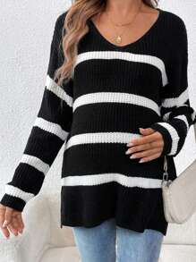 SHEIN Maternity Colorblock Striped Casual Long Sleeve Sweater, For Winter