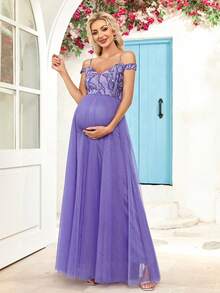 孕妇露肩网眼亮片派对连衣裙 - 紫羅蘭色 - 查看 4