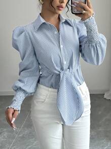 SHEIN Clasi Women's Button-Down Long Sleeve Striped Shirt With Tie Waist - Blue and White - View 1